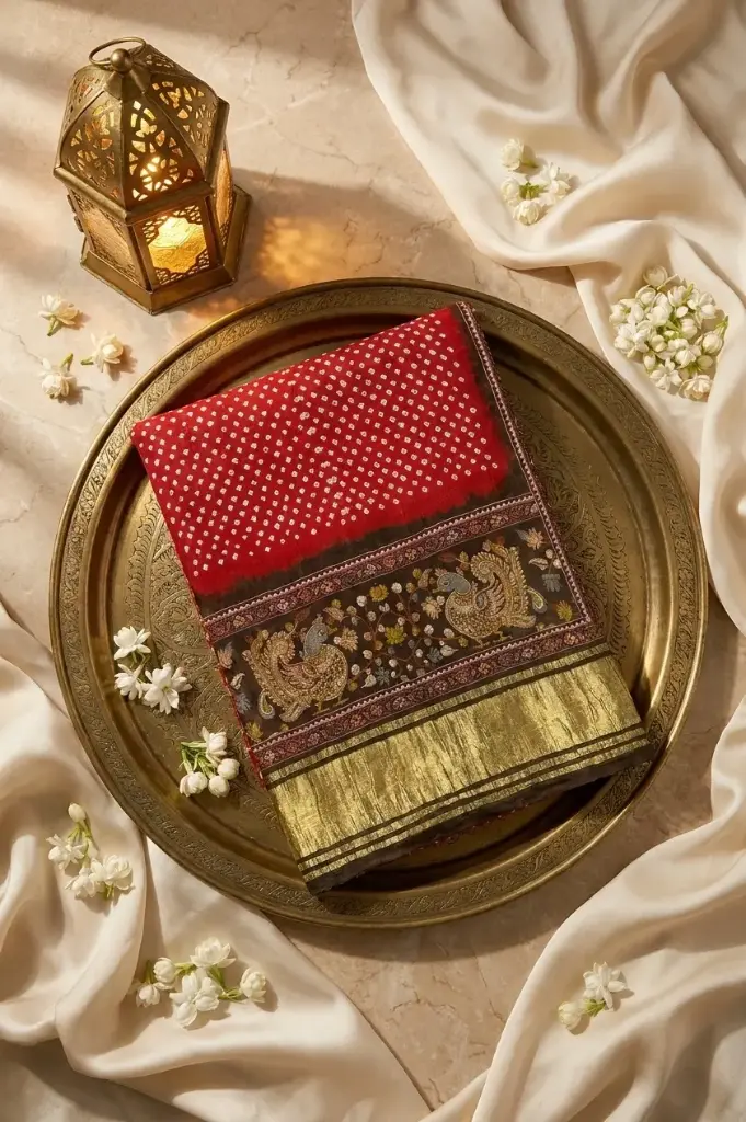 Red and Olive Bandhani Saree with Peacock Pallu