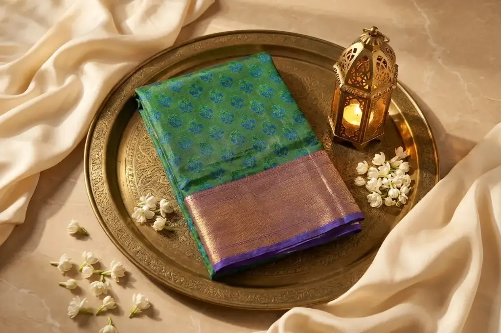 Bottle Green Silk Saree with Zari Border