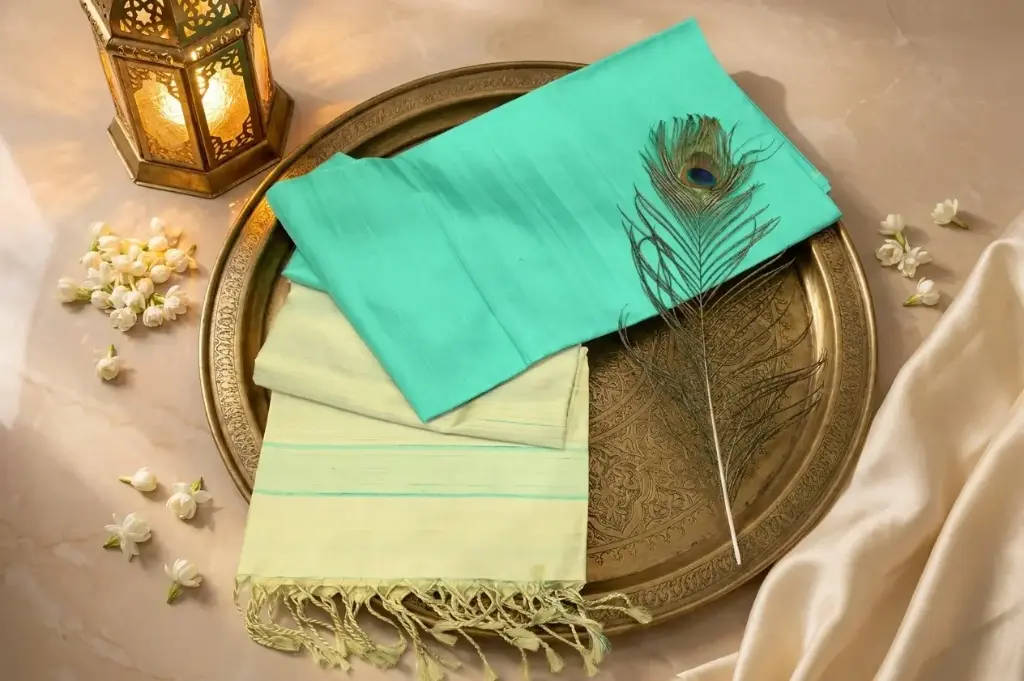 Sea Green Raw Silk Saree with Striped Pallu