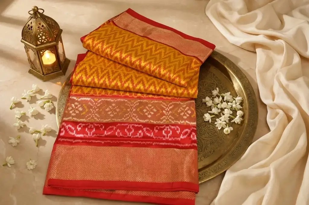 Mustard Yellow and Red Patola Silk Saree with Zari