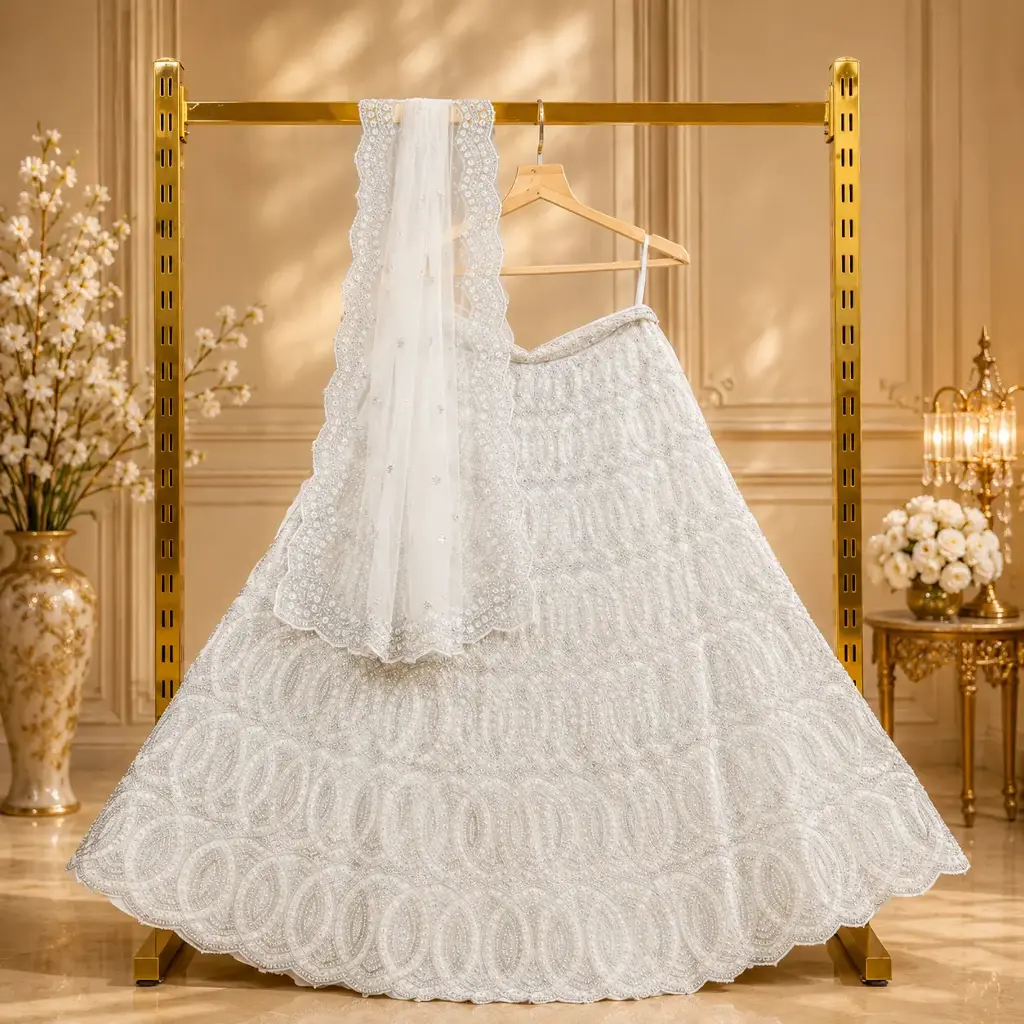 Women's White Lehenga Choli with Silver Sequin Embroidery and Net Dupatta