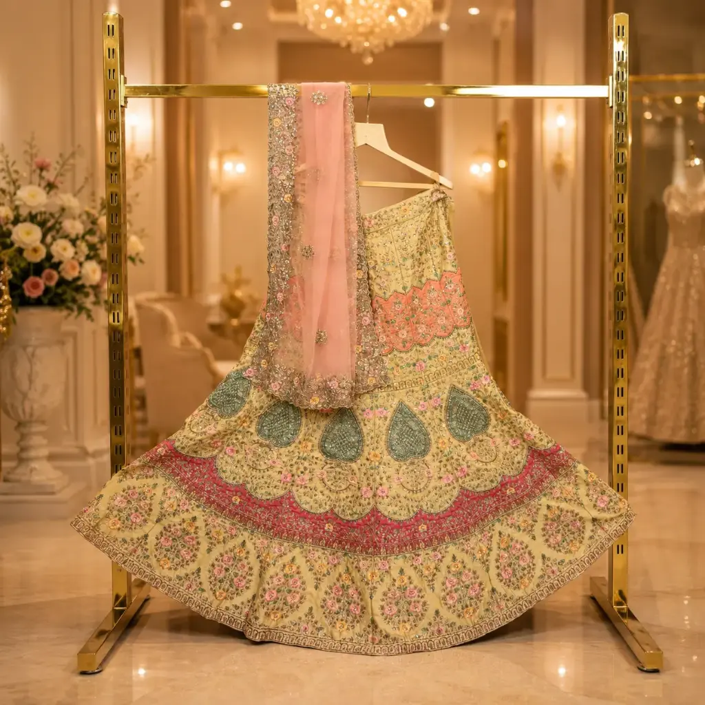 Women's Cream Bridal Lehenga Choli with Floral Embroidery & Peach Net Dupatta Wedding Set for Women