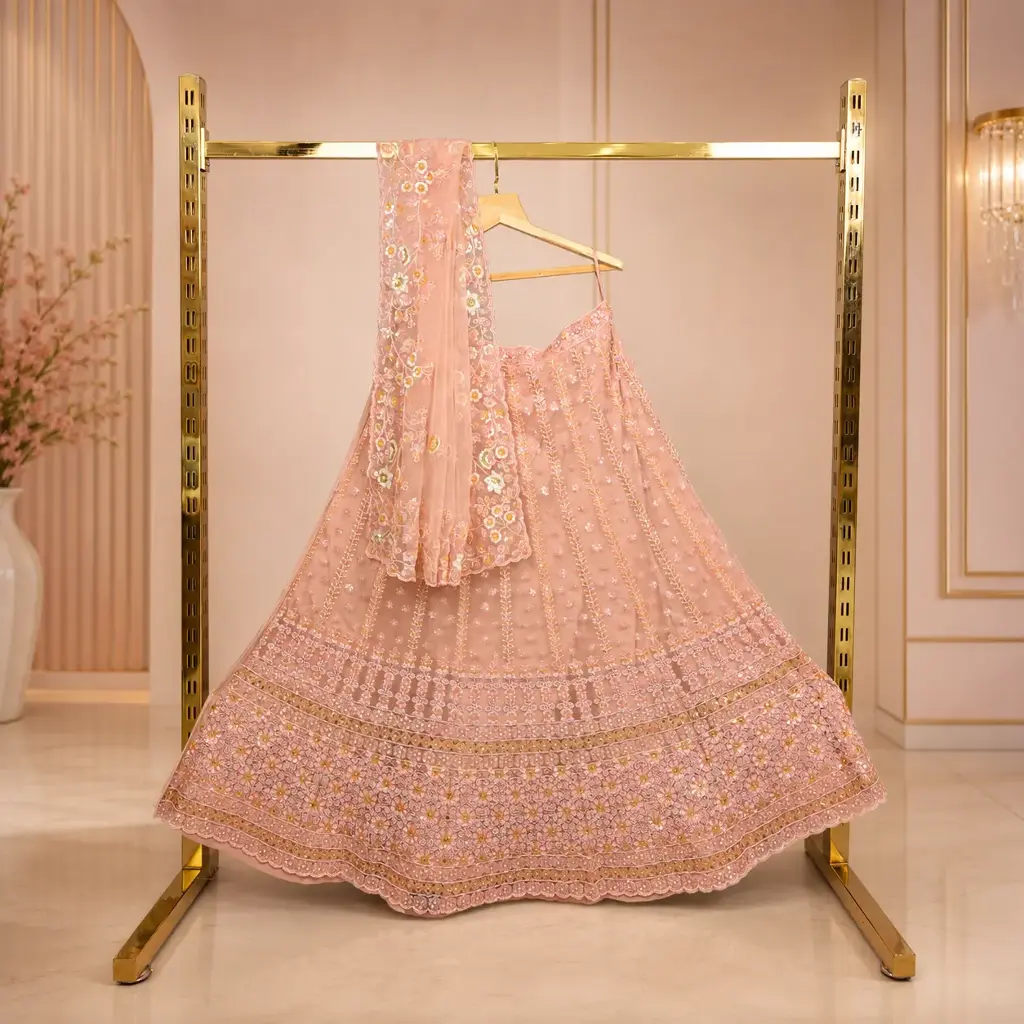 Women's Blush Peach Lehenga Choli with Floral Embroidery and Matching Dupatta