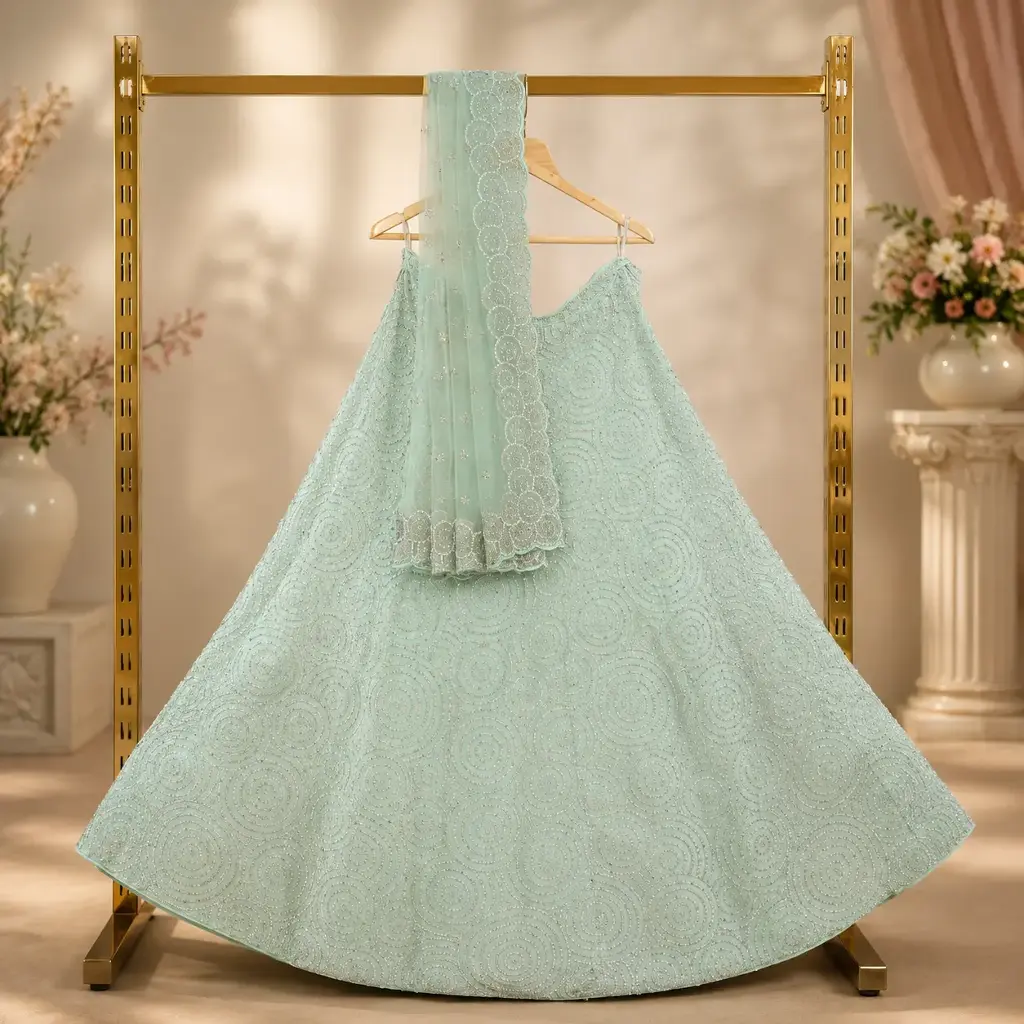 Women's Mint Green Lehenga Choli with Spiral Sequin Embroidery & Net Dupatta