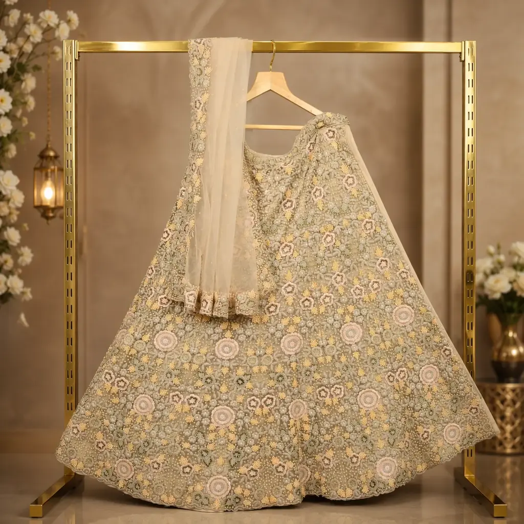 Women's Pastel Sage Green Lehenga Choli with Floral Embroidery and Net Dupatta
