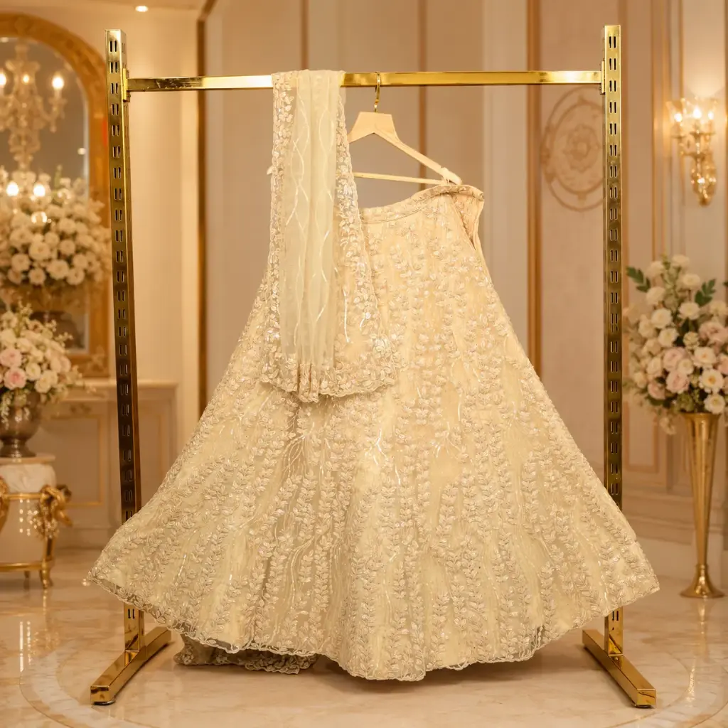 Women's Champagne Beige Bridal Lehenga Choli with Floral Sequin and Matching Net Dupatta Wedding Set