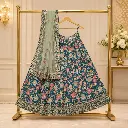 Women's Teal Blue Floral Embroidered Lehenga Choli with Mint Net Dupatta