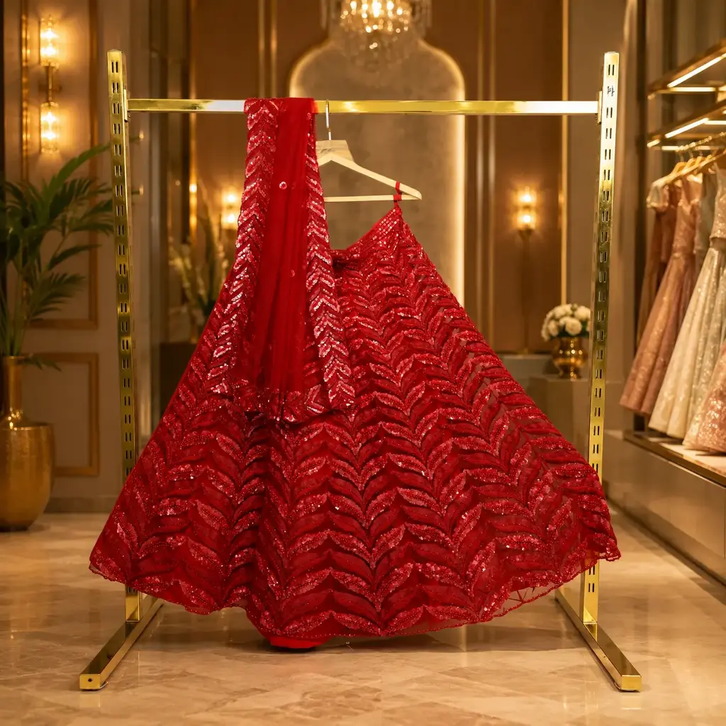 Women's Red Sequin Lehenga Choli with Chevron Embroidery and Matching Dupatta
