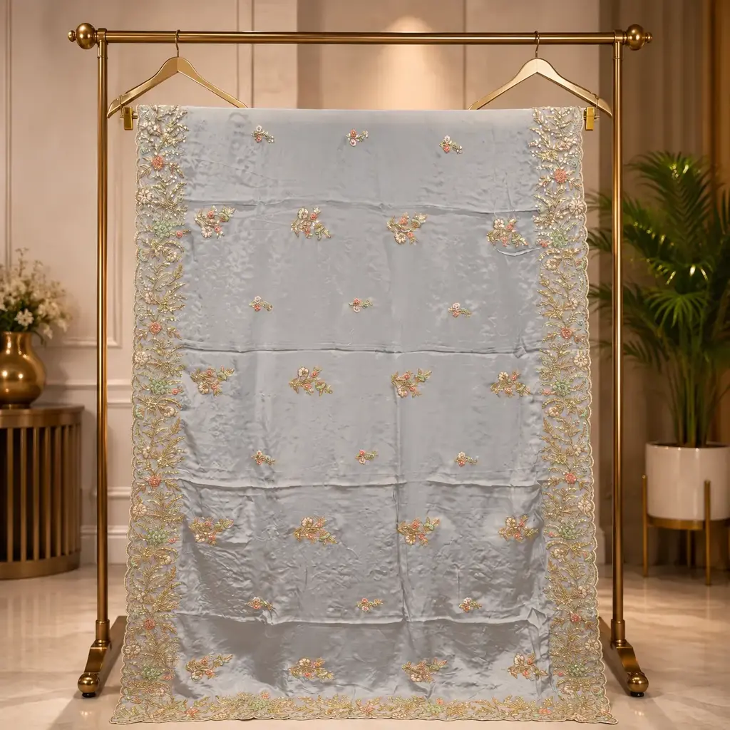 Ice Blue Embellished Saree with Gold Floral Buti Motifs and Ornate Border