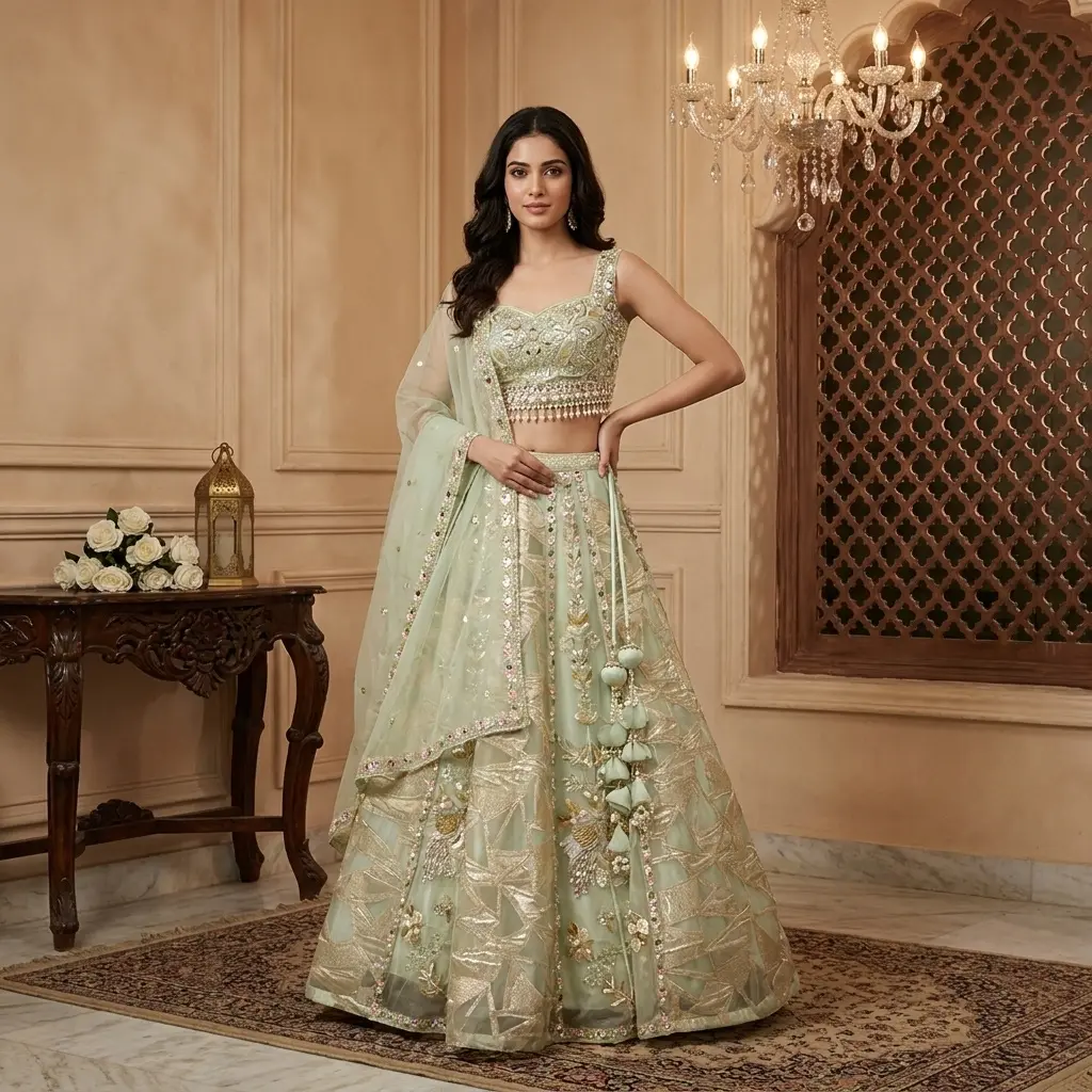 Pista Green Embroidered Lehenga Set with Beaded Blouse