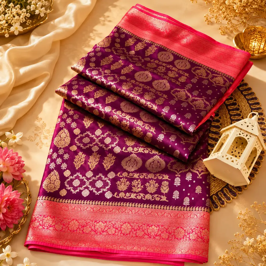 Elegant Purple Banarasi Silk Saree with Gold Zari Motifs & Pink Contrast Border