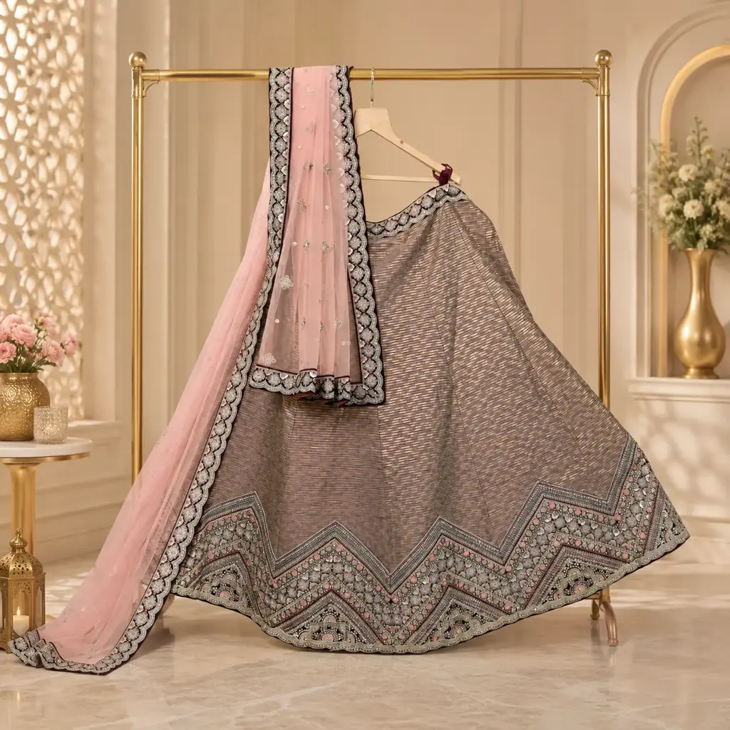 Women's Bronze Brown Lehenga Choli with Geometric Embroidery and Pink Dupatta