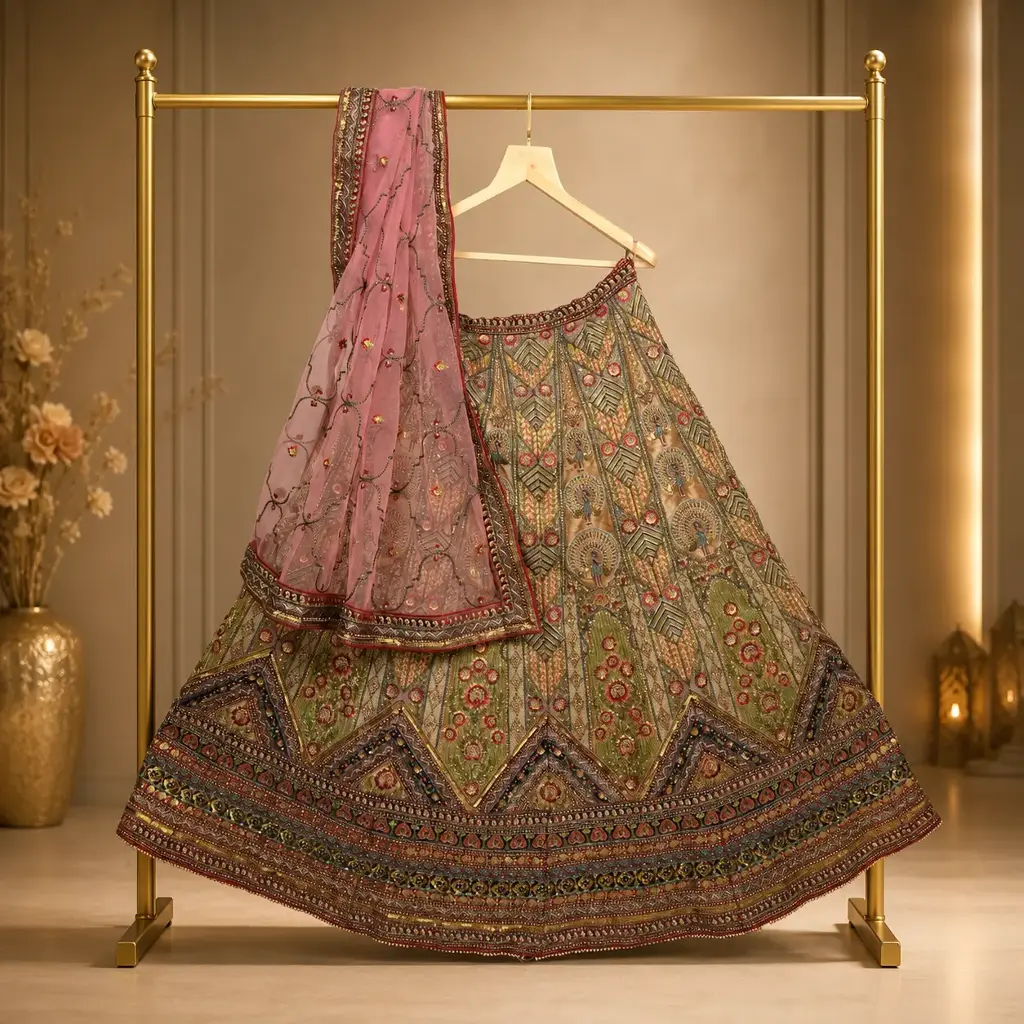 Olive Green Bridal Lehenga Choli with Heavy Embroidery and Pink Net Dupatta