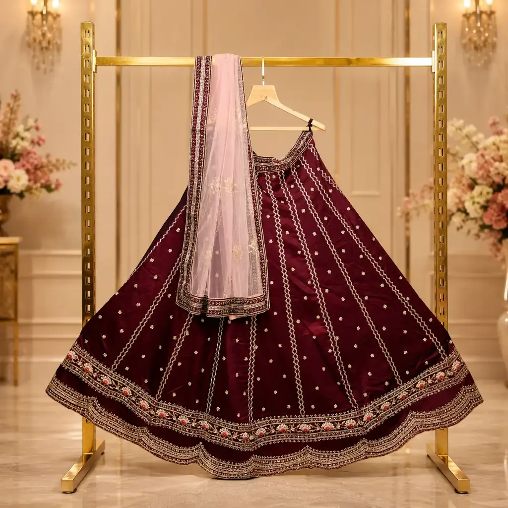 Women's Wine Embroidered Lehenga Choli with Pink Net Dupatta