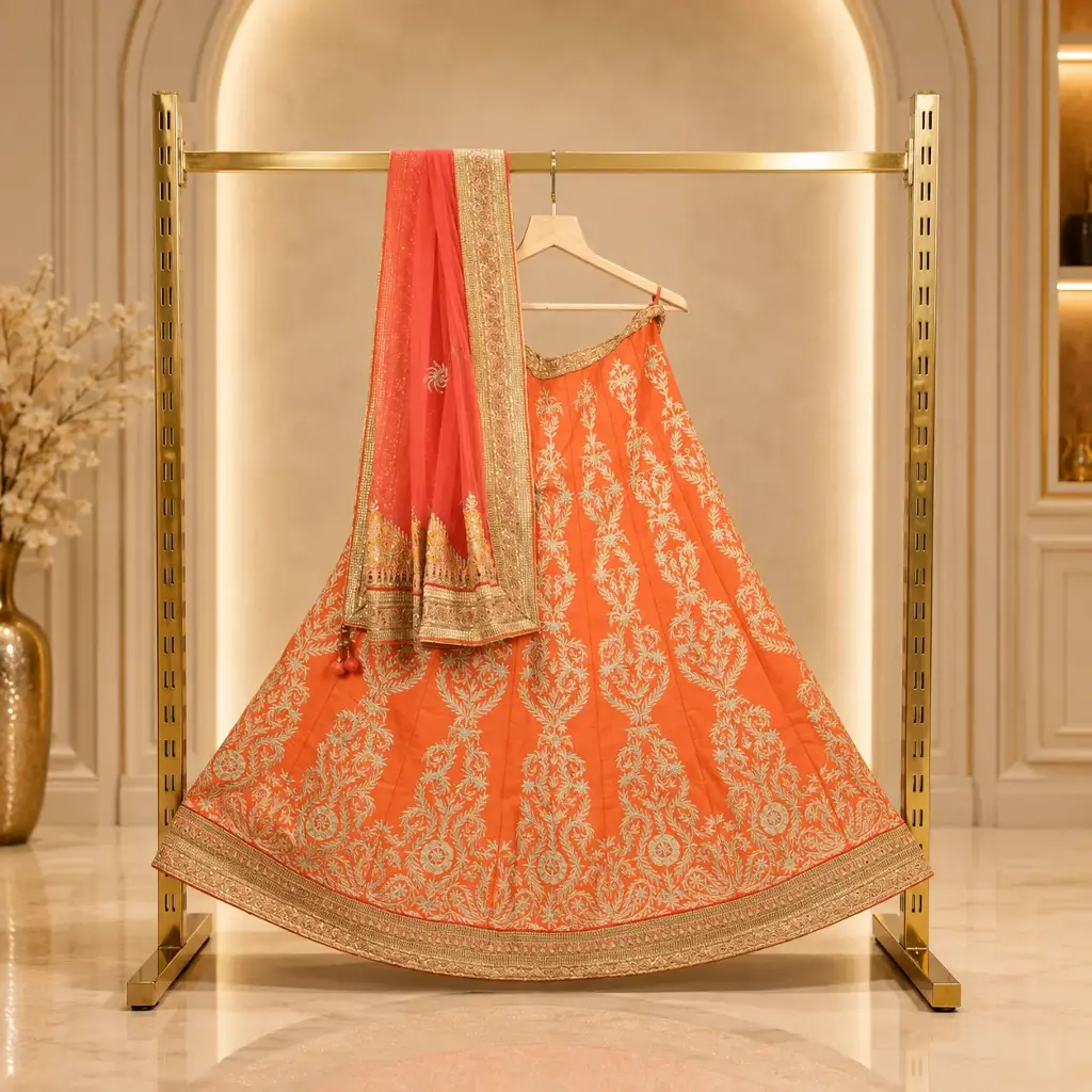 Women's Orange Embroidered Lehenga Choli Set with Dupatta