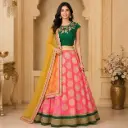 Women's Pink Green Embroidered Lehenga Choli with Yellow Net Dupatta for Wedding Festive Party Wear