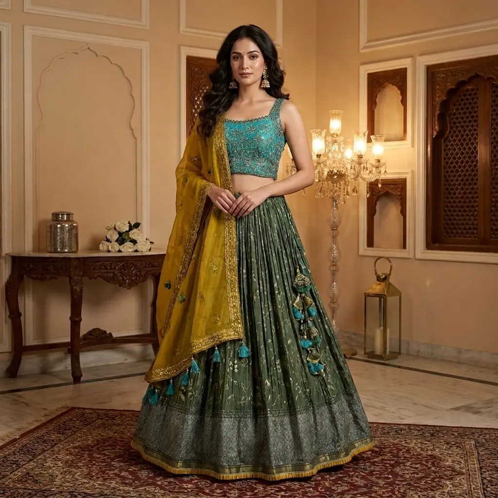 Turquoise Embroidered Choli and Crinkled Green Lehenga Set