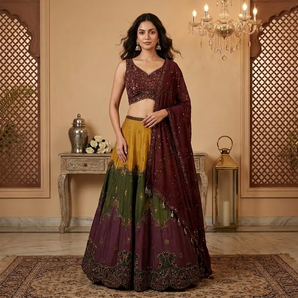 Maroon and Multi-Tone Hand-Embroidered Silk Lehenga Choli Set