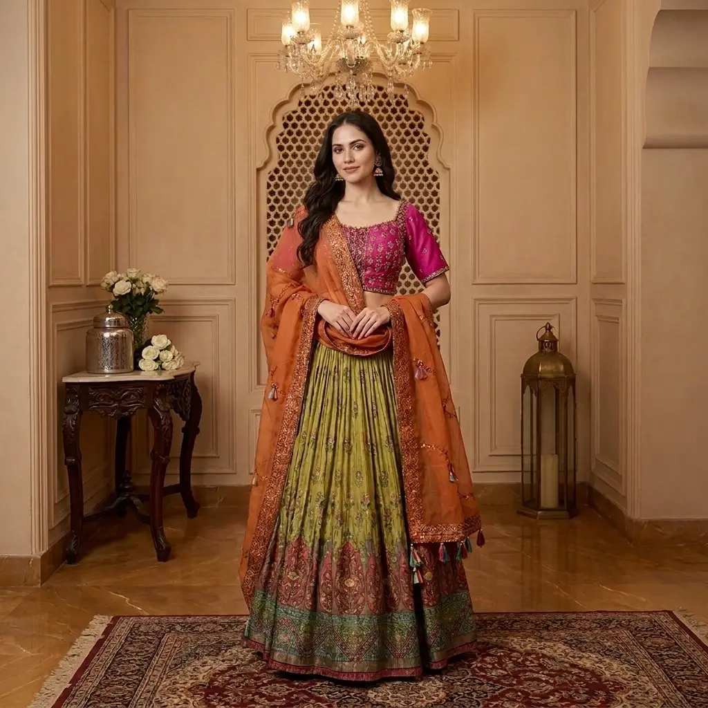Olive Green and Rani Pink Handcrafted Silk Lehenga Choli Set