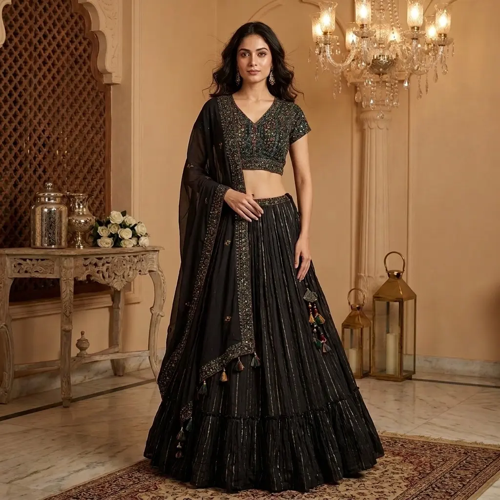 Black Embroidered Crop Top and Flared Lehenga Set