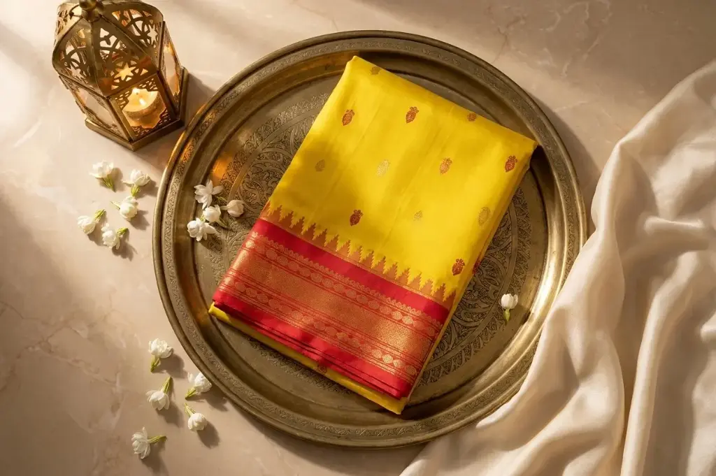 Mustard Yellow and Red Pure Kanchipuram Silk Saree
