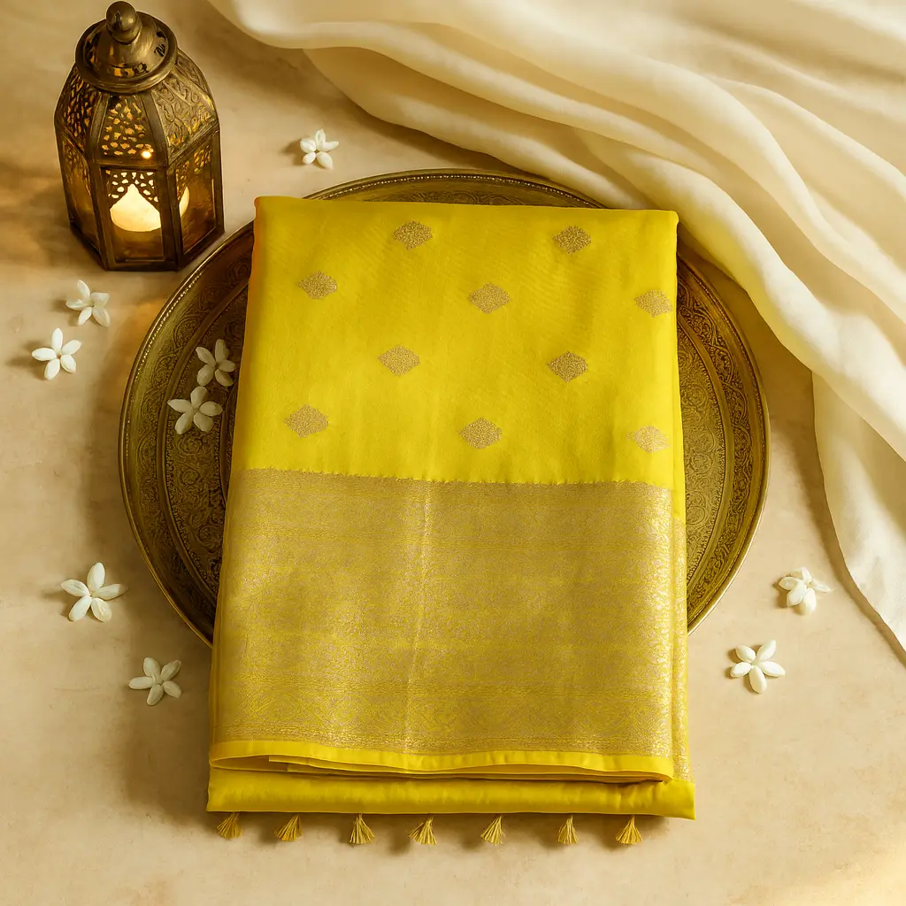 Radiant Yellow Banarasi Silk Saree with Contrast Bandhani Blouse
