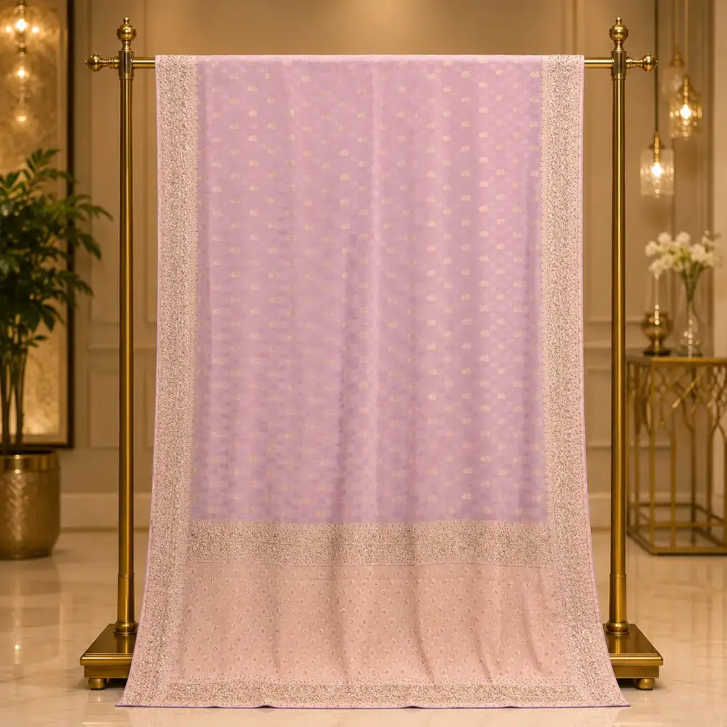 Women's Lavender Designer Saree with Gold Woven Motifs and Embroidered Border