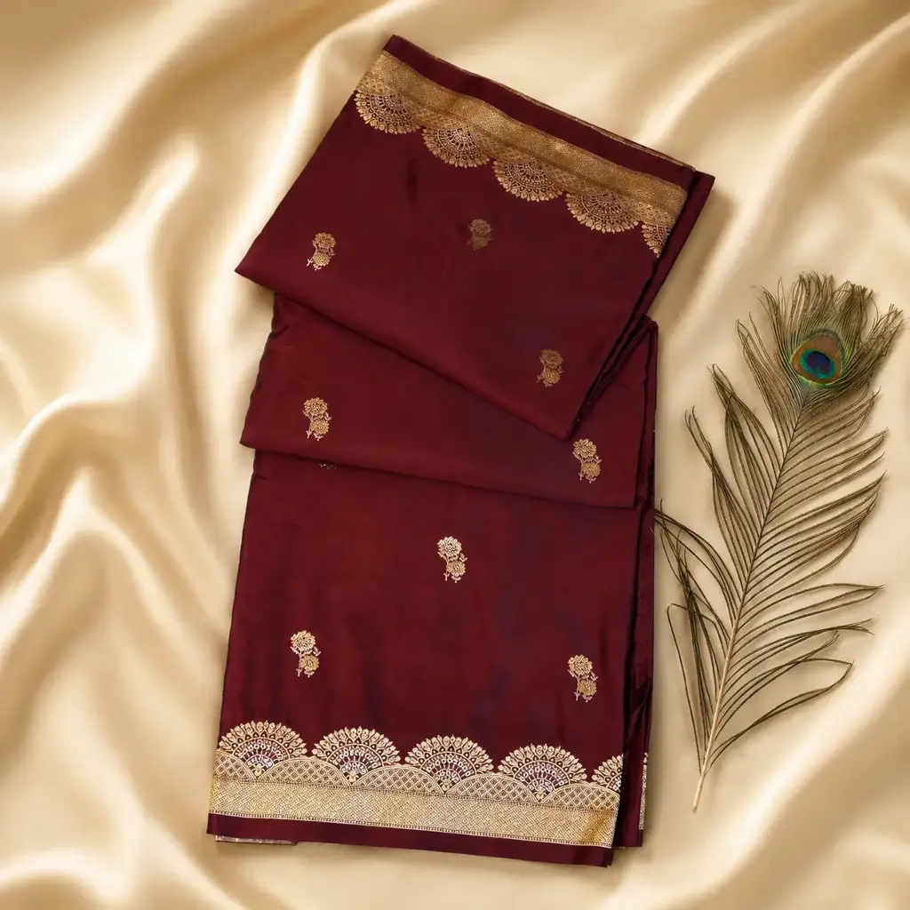 Maroon Silk Saree with Gold Zari Buti, Scallop Border & Peacock Feather Styling 
