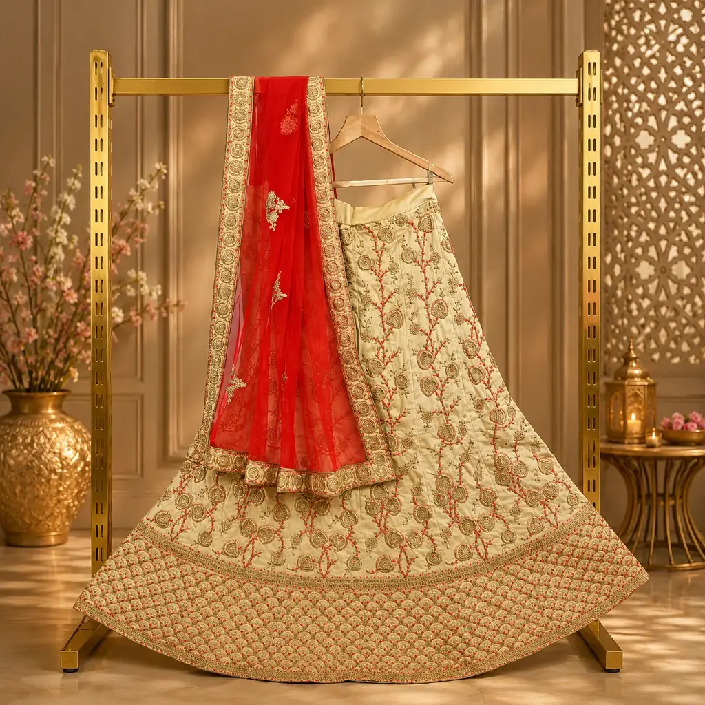 Women's Ivory Lehenga Choli with Gold Embroidery and Coral Net Dupatta