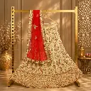 Women's Ivory Lehenga Choli with Gold Embroidery and Coral Net Dupatta