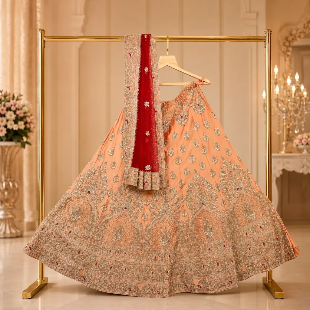 Women's Peach Bridal Lehenga Choli with Heavy Silver Embroidery and Red Dupatta