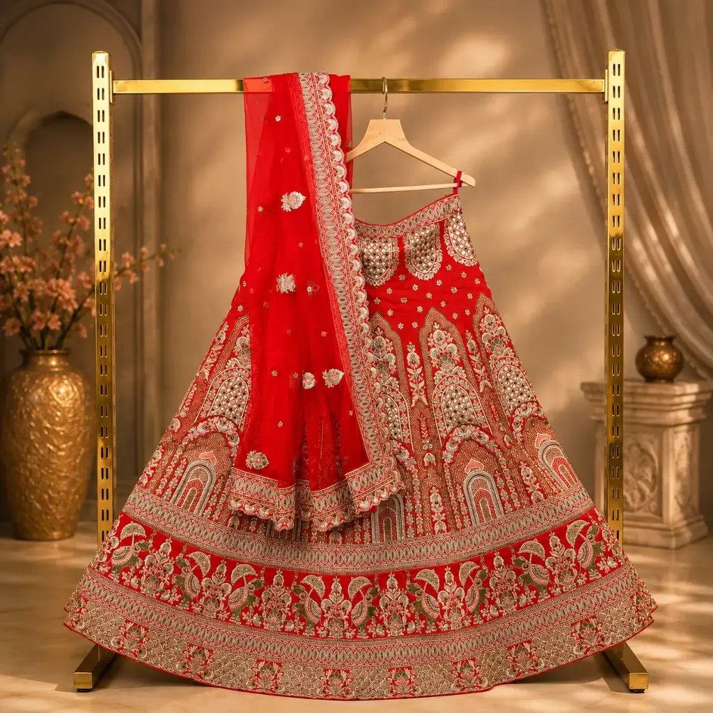 Women's Red Bridal Lehenga Choli with Heavy Gold Embroidery and Net Dupatta