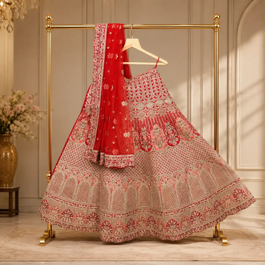 Women's Red Bridal Lehenga Choli with Heavy Gold Embroidery & Matching Dupatta