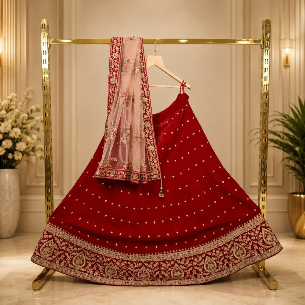 Women's Red Bridal Lehenga Choli with Gold Embroidery, Blush Pink Net Dupatta
