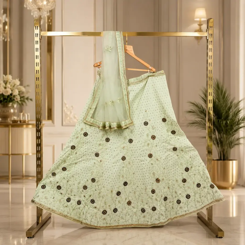 Women's Mint Green Lehenga Choli with Floral Embroidery & Net Dupatta