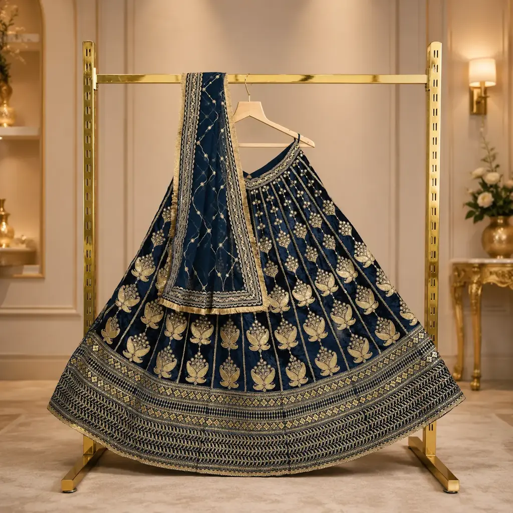 Women's Navy Blue Bridal Lehenga Choli with Gold Lotus Embroidery and Matching Dupatta