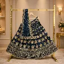 Women's Navy Blue Bridal Lehenga Choli with Gold Lotus Embroidery and Matching Dupatta