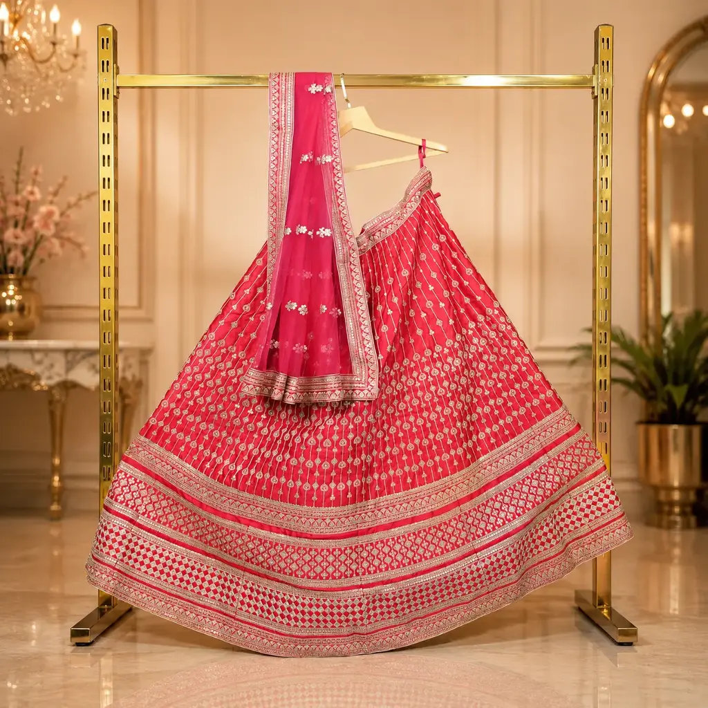 Women's Rani Pink Lehenga Choli with Gold Embroidery and Matching Net Dupatta