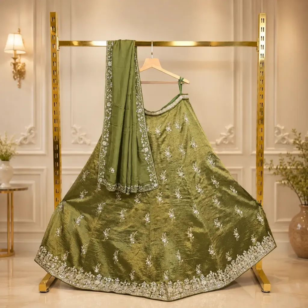 Women's Olive Green Lehenga Choli with Silver Embroidery and Matching Dupatta