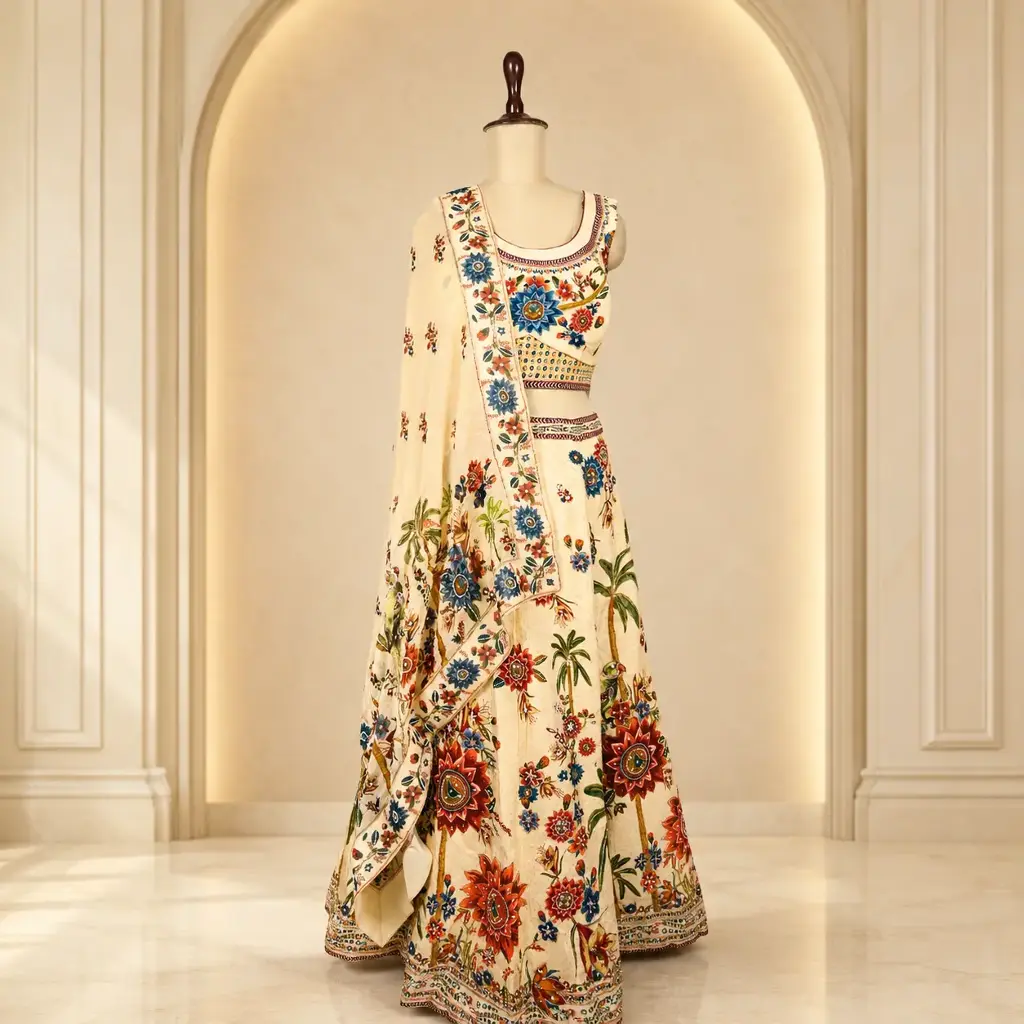 Women's Ivory Floral Lehenga Choli with Matching Dupatta