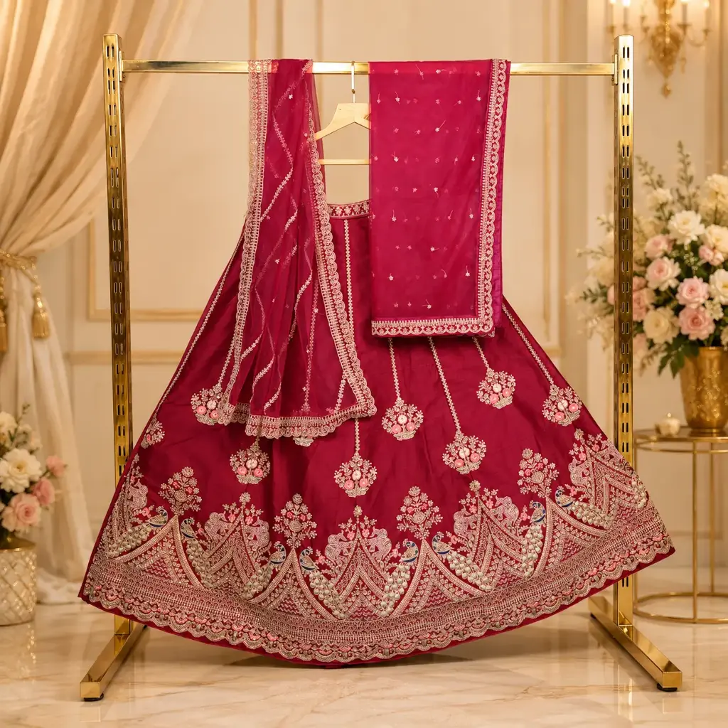 Women's Ruby Red Bridal Lehenga Choli Set with Peacock Embroidery, Sequins & Embellished Net Dupatta