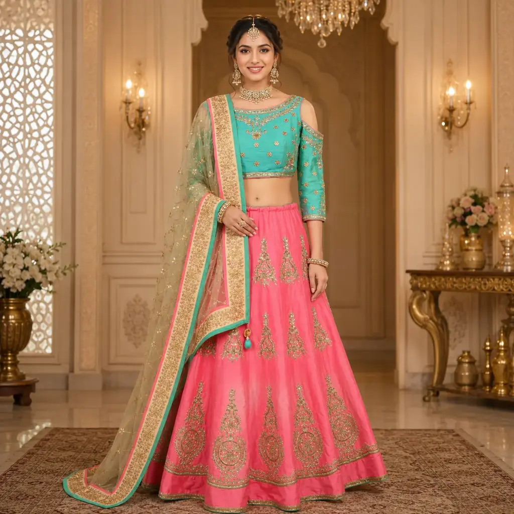 Women's Pink Turquoise Embroidered Lehenga Choli with Net Dupatta for Wedding and Festive Party Wear