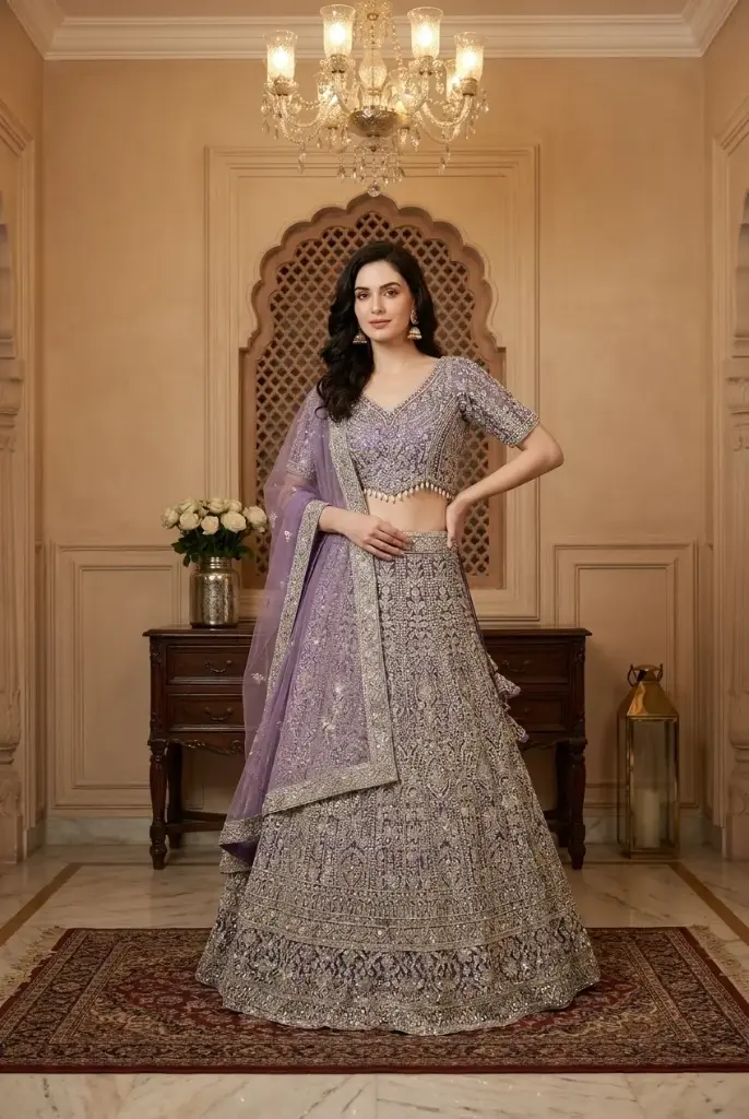 Lavender Purple Embroidered Net Crop Top Lehenga Choli Set