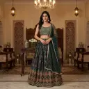 Bottle Green Silk Printed Lehenga Set with Embellished Choli
