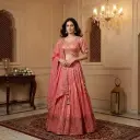 Coral Pink Brocade Silk Hand-Embroidered Lehenga Choli Set