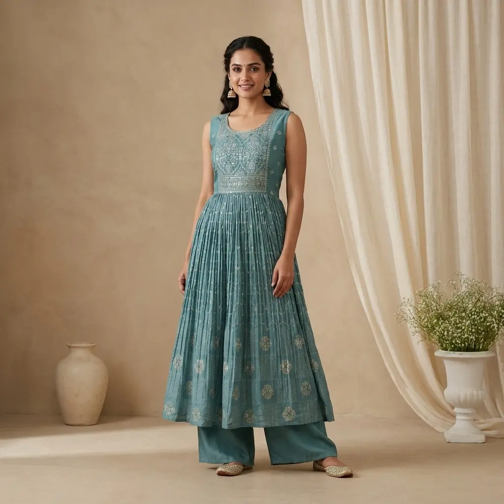 Teal Embroidered Pleated Silk Anarkali Kurta Set