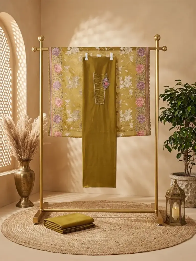Olive Green Embroidered Chanderi Silk Unstitched Suit Material