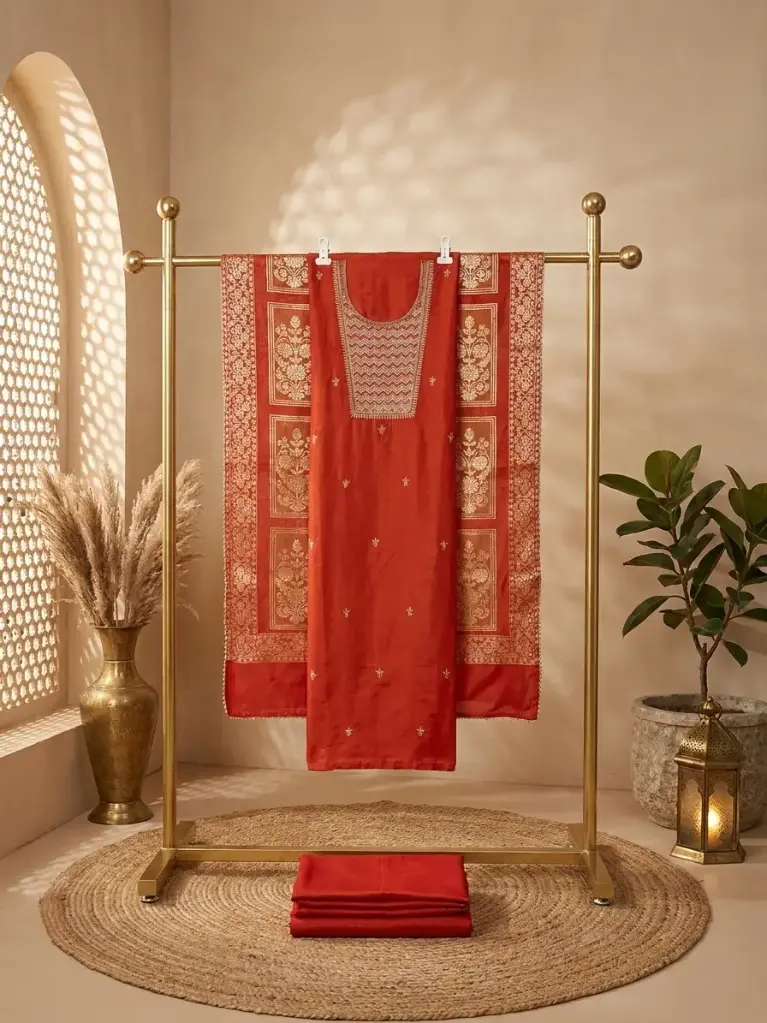 Rust Orange Silk Unstitched Suit with Banarasi Dupatta