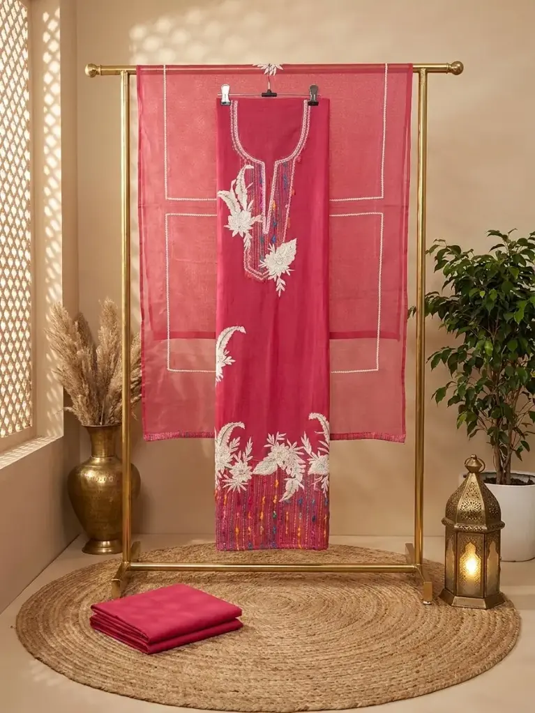 Rani Pink Embroidered Cotton Silk Unstitched Dress Material Set