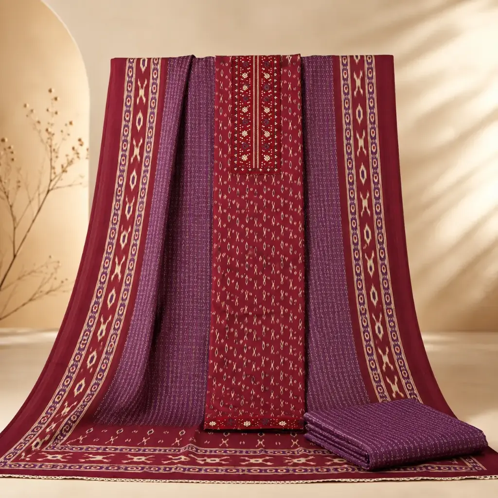 Women’s Maroon Purple Ikat Printed Unstitched Dress Material Set with Embroidered Neckline 